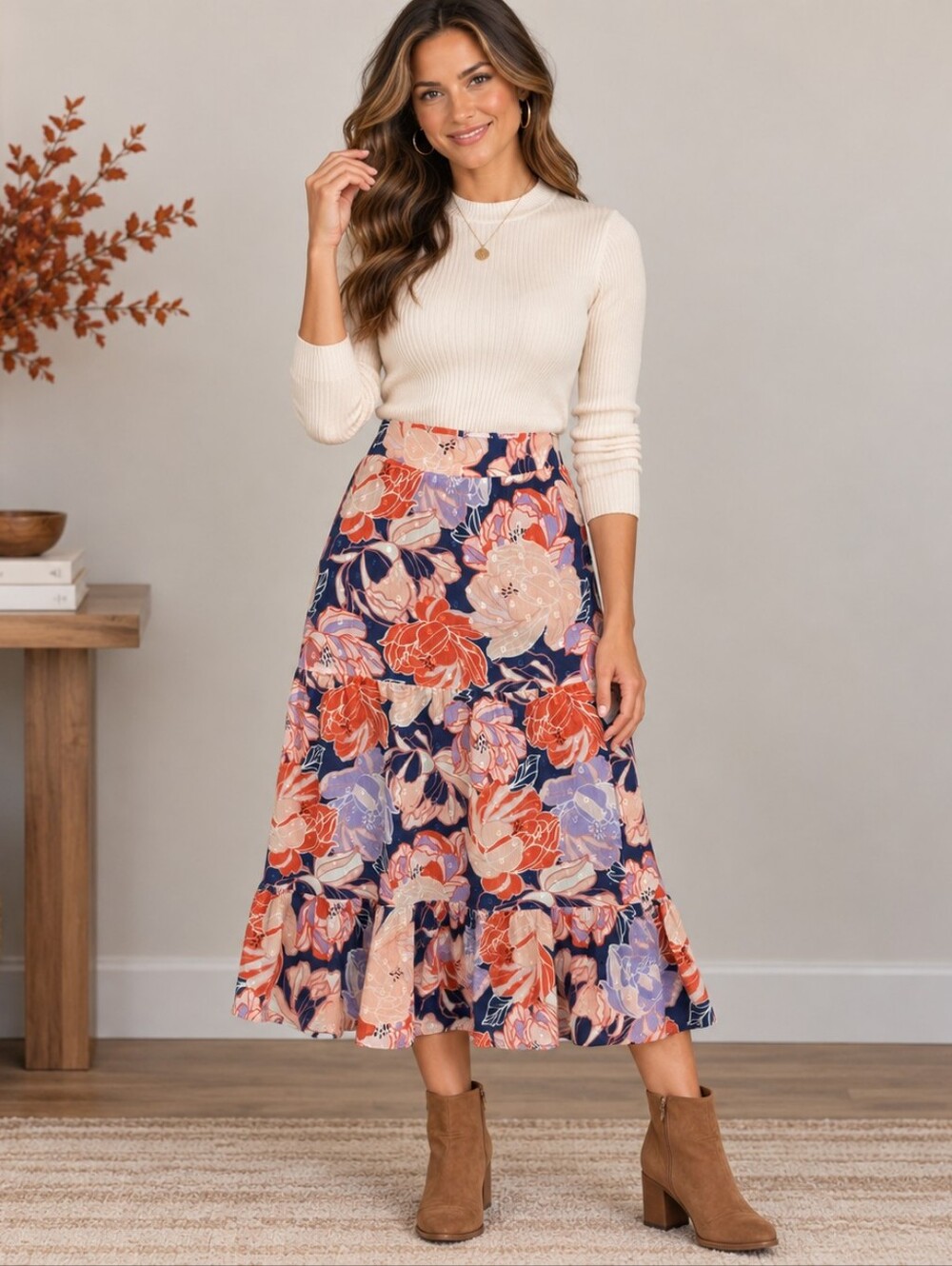 Lulus Navy Coral Floral Tiered Midi Skirt NWT Small A358